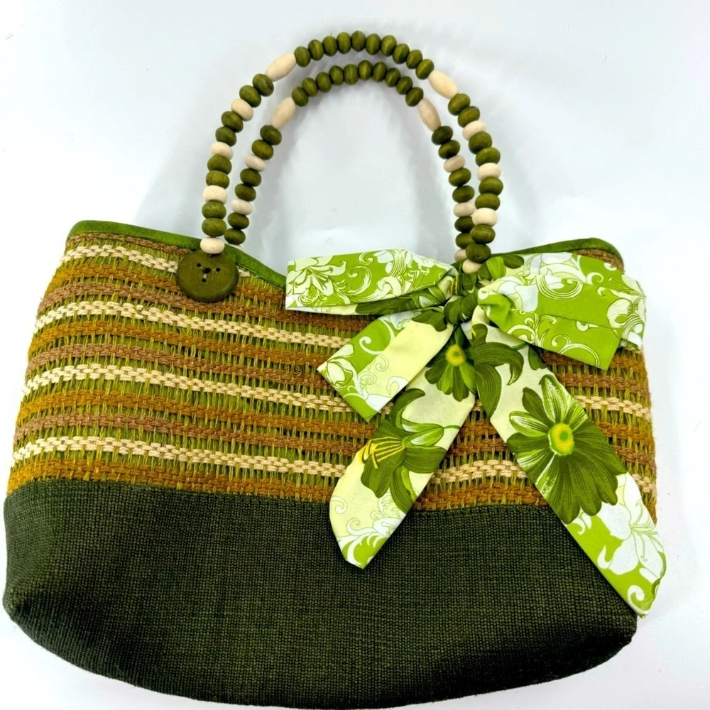 Unbranded Green/Tan Striped Tote with Beaded Handle‎ with Bow Detail